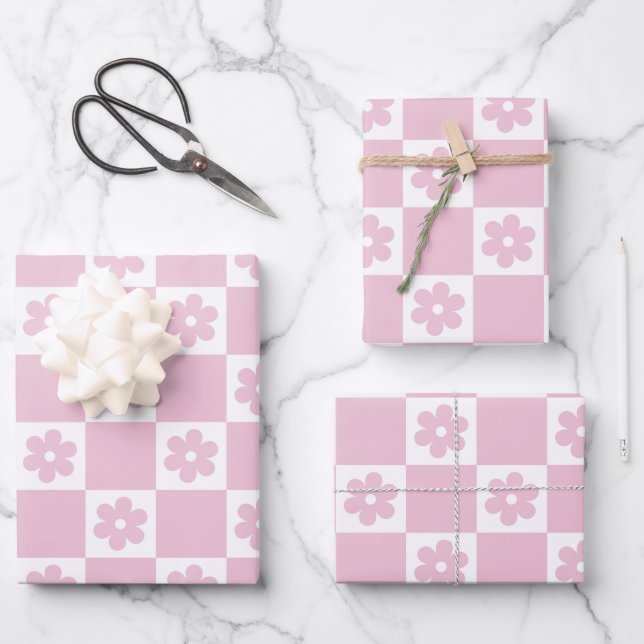 Pink Flower checked pattern Wrapping Paper Sheet (Front)