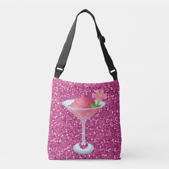 Pink Flower Cocktail Faux Glitter Crossbody Bag (Front)