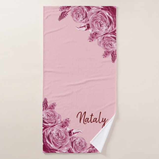 Pink flower composition with name bath towel (Bath Towel)