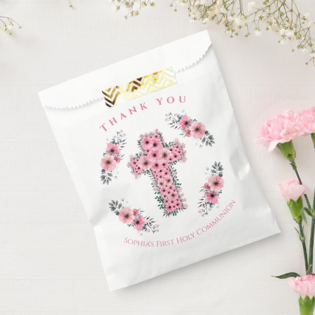 Pink Flower Cross Chic First Holy Communion Girl Favour Bags (Sealed)