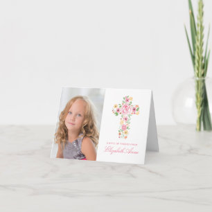 Pink Flower Cross First Communion Thank You Card