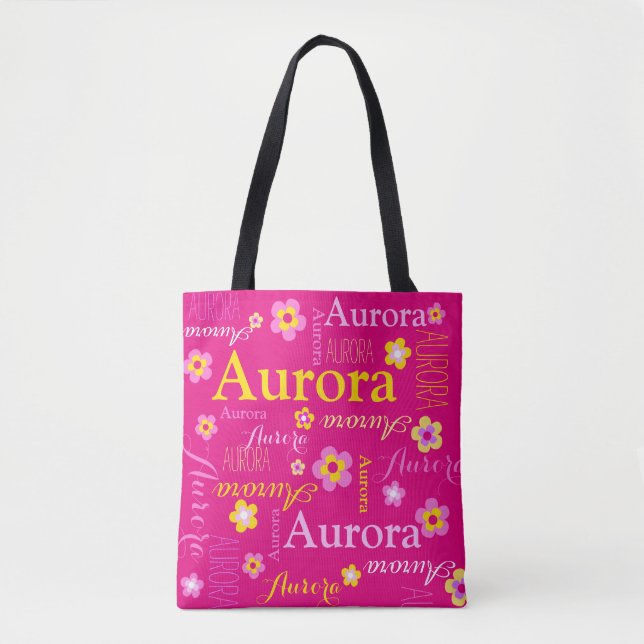 Pink flower custom name Aurora art tote bag (Front)