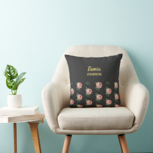 Pink flower custom name grey cushion