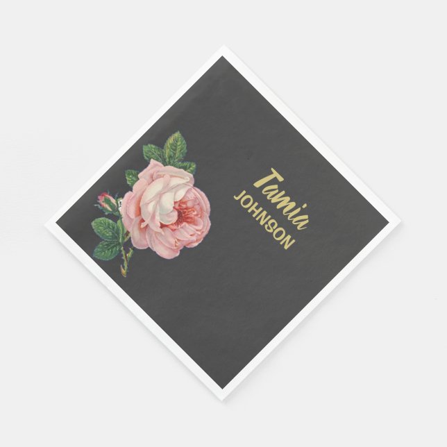 Pink flower custom name grey napkin (Corner)