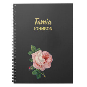 Pink flower custom name grey notebook