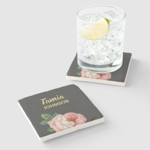Pink flower custom name grey stone coaster