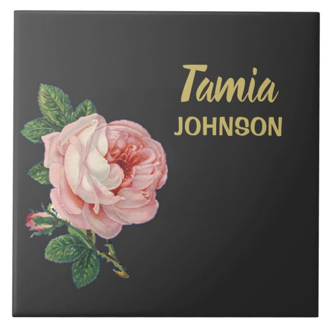 Pink flower custom name grey tile (Front)