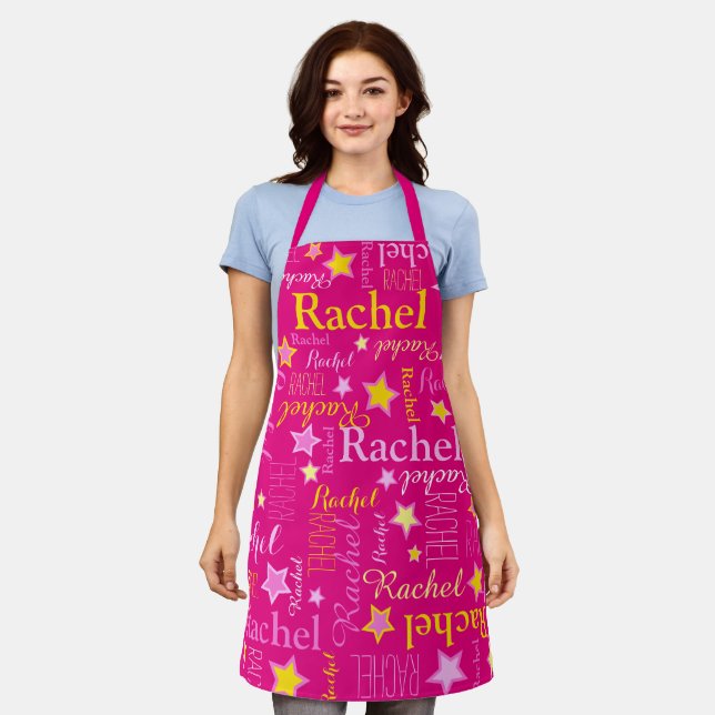 Pink flower custom short name Rachel stars Apron (Worn)