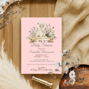 Pink Flower Cute Sheep Lamb Invitation