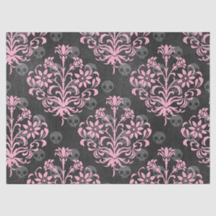 Pink Flower Damask with Skulls on Grey Decoupage Tissue Paper