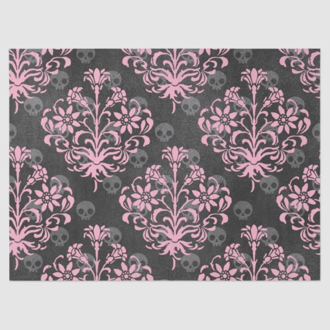 Pink Flower Damask with Skulls on Grey Decoupage Tissue Paper (Front)