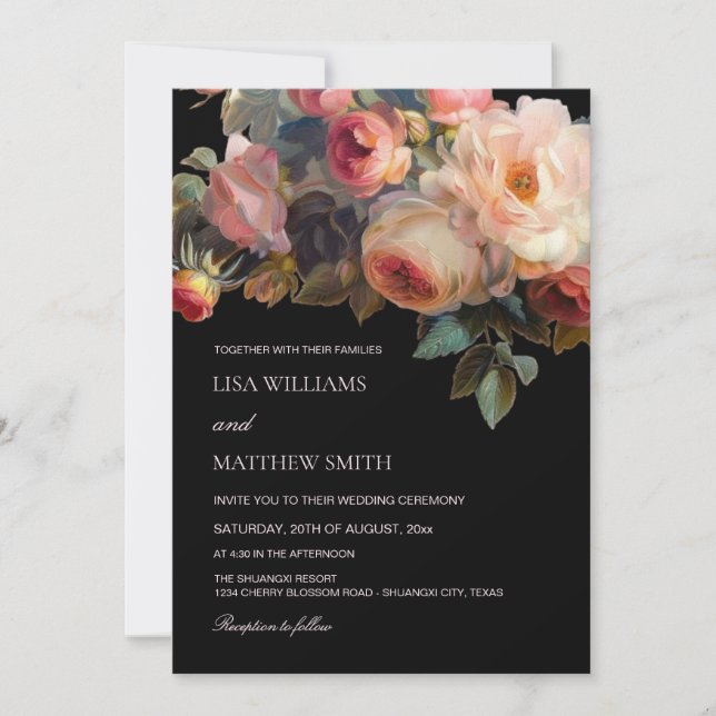 Pink Flower Dark Floral | Photo Wedding Invitation (Front)