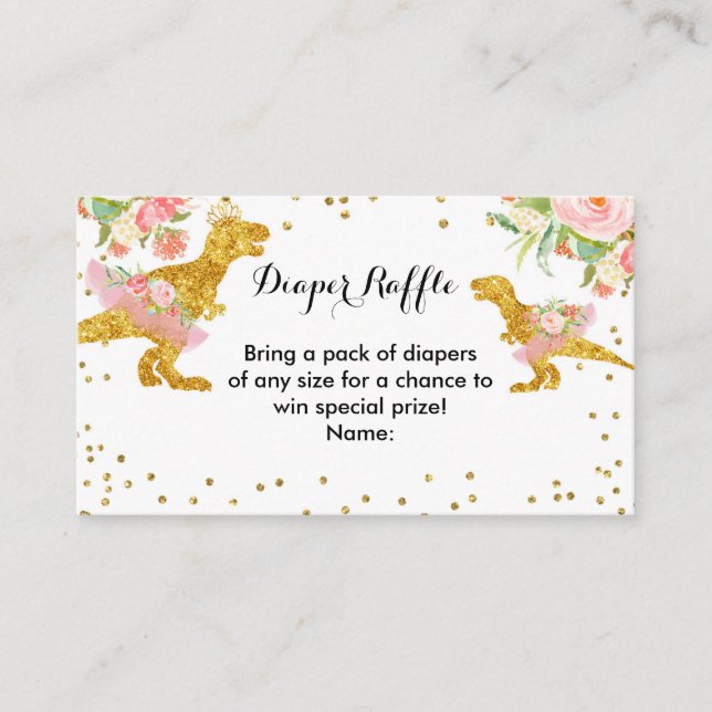 Pink Flower Dino Girl Baby Shower - Diaper Raffle Enclosure Card (Front)