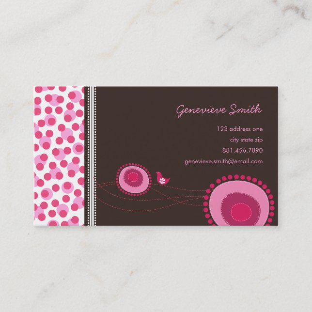 Pink Flower Dots and Happy Bird Fun Profile Card / (Front)