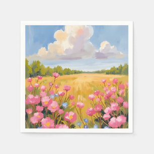 Pink Flower Field Landscape Painting Napkin