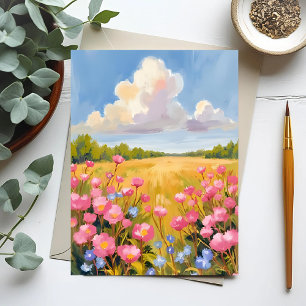Pink Flower Field Landscape Painting Postcard