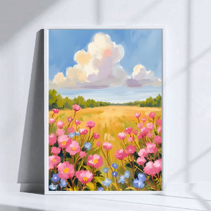 Pink Flower Field Landscape Painting Poster