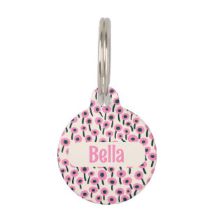 Pink Flower Field with Name and Number - Pet  Tag