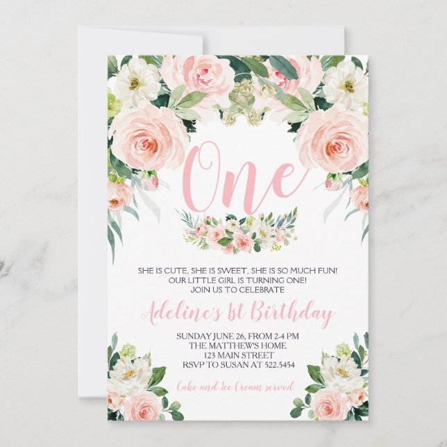 Pink flower first birthday invitation (Front)