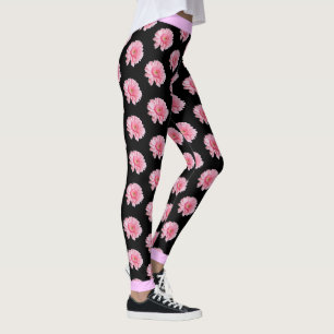 Pink Flower Floral Pattern on BLACK Leggings
