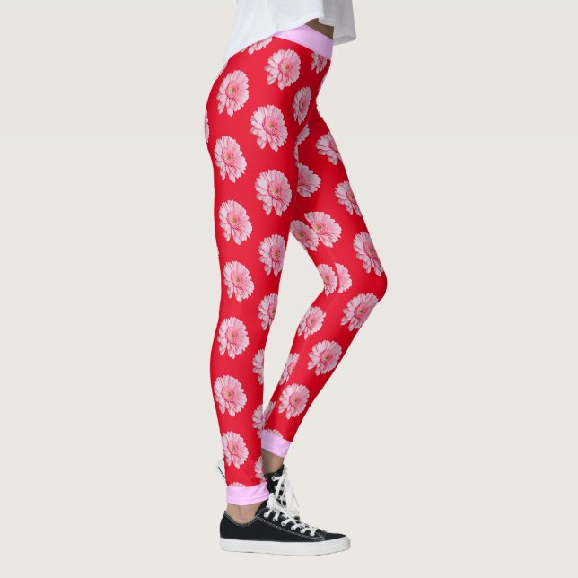 Pink Flower Floral Pattern on RED Leggings (Right)