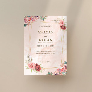 Pink Flower Frame Gold Wedding  Invitation