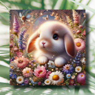 Pink Flower Garden Cute Baby Bunny Easter Holiday Card