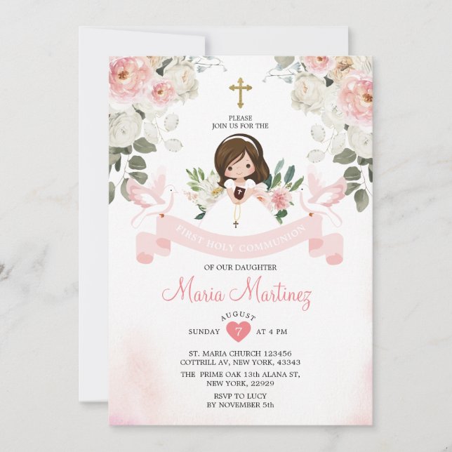 Pink Flower Girl 1st Holy Communion Gold Cross Invitation (Front)