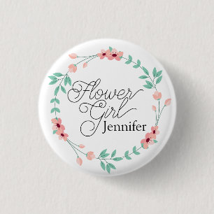 Pink Flower Girl Floral Wreath with Name 3 Cm Round Badge