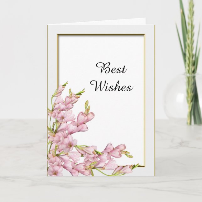 Pink Flower Gold Frame Wedding Congratulations Card (Front)