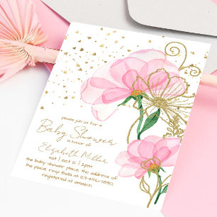Pink Flower Gold Glitter Baby Shower Invitation