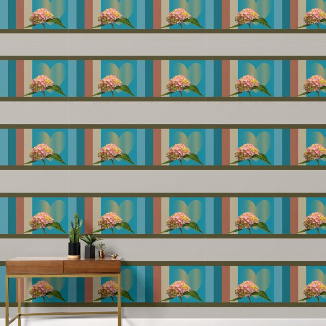 Pink Flower Gold Heart Blue Grey Brown Striped Art Wallpaper (Hallway)