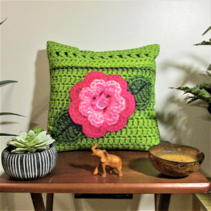 Pink Flower Green Artisan Crochet Print Outdoor Cushion