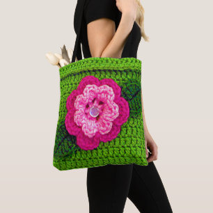 Pink Flower Green Leaves Artisan Crochet Print  Tote Bag