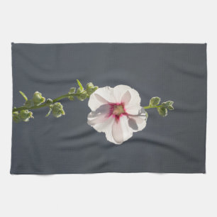 Pink Flower green leaves on dark grey Mallow Tea Towel
