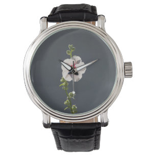 Pink Flower green leaves on dark grey Mallow Watch