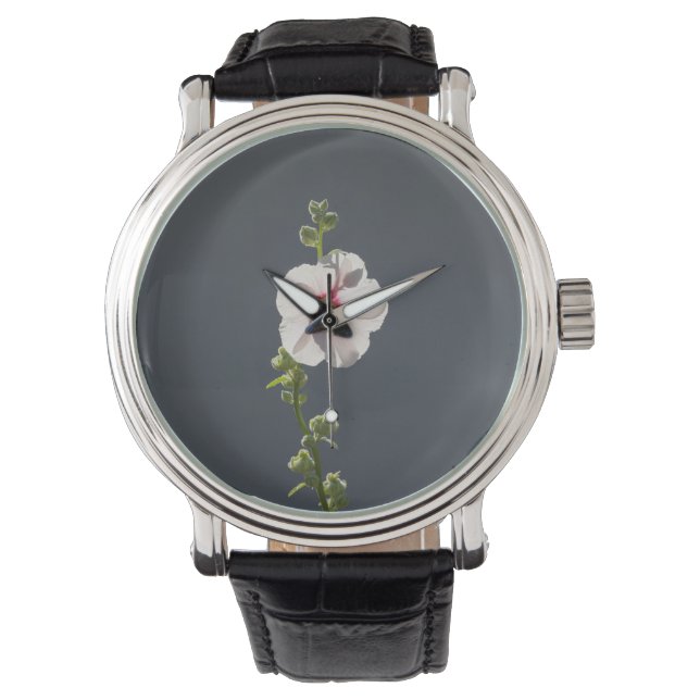 Pink Flower green leaves on dark grey Mallow Watch (Front)