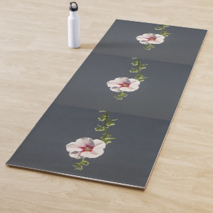 Pink Flower green leaves on dark grey Mallow Yoga Mat