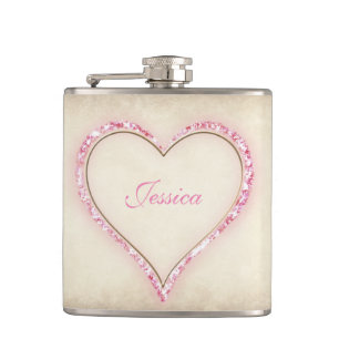 Pink Flower Heart Bridesmaid Gift Hip Flask