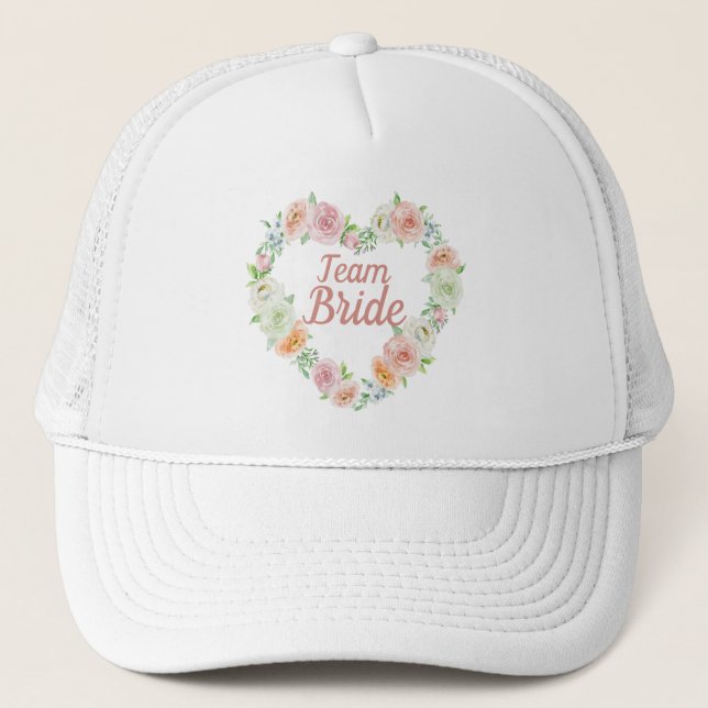 Pink Flower Heart Wreath Team Bride Trucker Hat (Front)