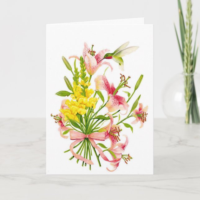 Pink flower hummingbird sympathy greeting card (Front)