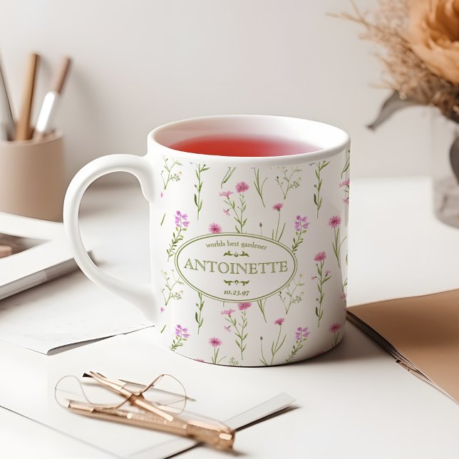 Pink Flower Illustrated Name & Birthday Message Coffee Mug (Creator Uploaded)