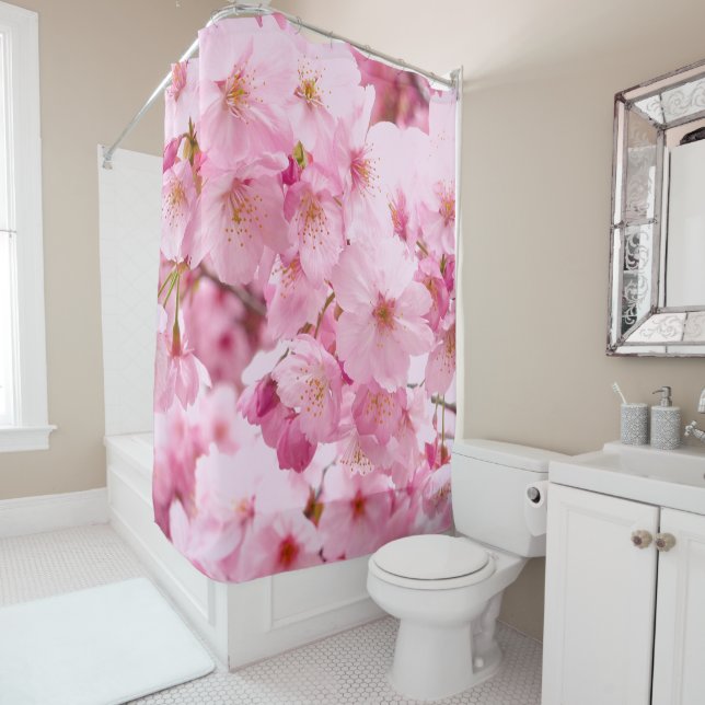 Pink Flower Japanese Cherry Blossom Hanami Floral Shower Curtain (In Situ)