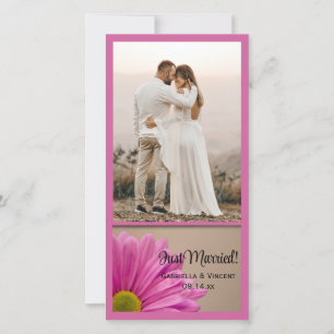 Pink Flower Just Married Wedding Photo Card