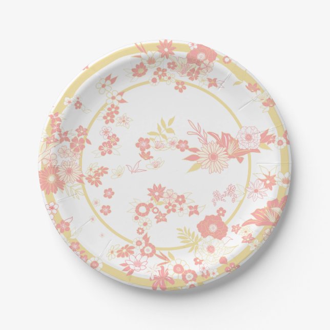 Pink Flower Kimono Pattern Paper Plate (Front)