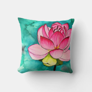 Pink flower lotus fine art watercolor cushion