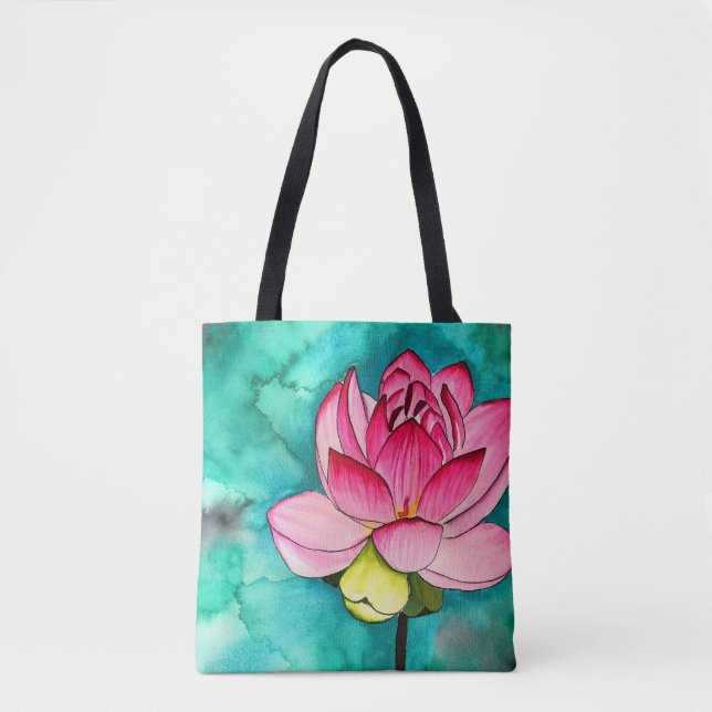 Pink flower lotus fine art watercolor tote bag (Front)