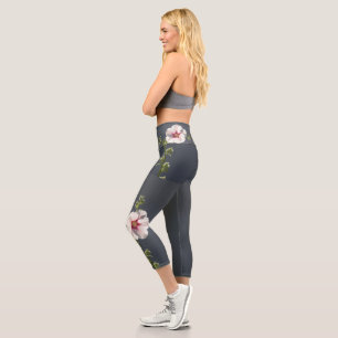 Pink Flower Mallow green leaves on dark grey Capri Leggings