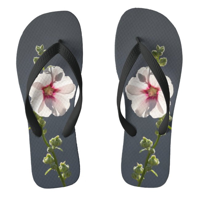 Pink Flower Mallow green leaves on dark grey  Jandals (Footbed)