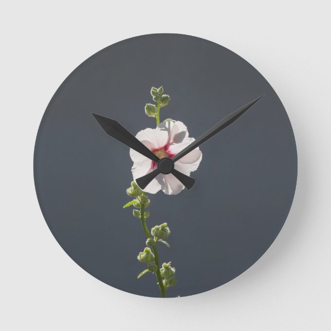 Pink Flower Mallow green leaves on dark grey  Round Clock (Front)